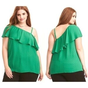 4X 26 Sexy Kelly Green Torrid Polka Dot One Shoulder Ruffle‎ Georgette Shirt Top